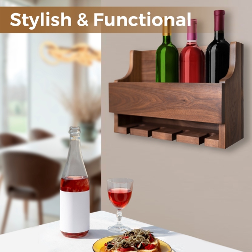 Support à vin et porte-verre en noyer rustique Straga - Fixé au mur pour 4 bouteilles et verres à pied - Grain de bois naturel - Fabriqué au Canada 14