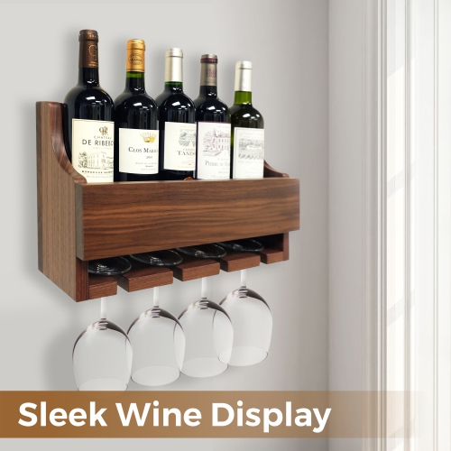 Support à vin et porte-verre en noyer rustique Straga - Fixé au mur pour 4 bouteilles et verres à pied - Grain de bois naturel - Fabriqué au Canada 14