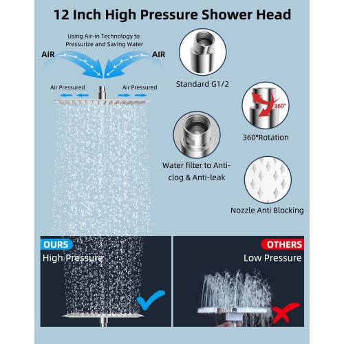 All Metal Shower Head, 10'' High Pressure Rainfall Shower Head, Showerhead Combo/Handheld Shower Wand, 12'' Adjustable Curved Shower Extension Arm,
