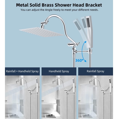All Metal Shower Head, 10'' High Pressure Rainfall Shower Head, Showerhead Combo/Handheld Shower Wand, 12'' Adjustable Curved Shower Extension Arm,