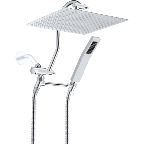 All Metal Shower Head, 12'' High Pressure Rainfall Shower Head, Showerhead Combo/Handheld Shower Wand, 12'' Adjustable Curved Shower Extension Arm,