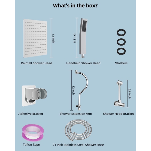 All Metal Shower Head, 12'' High Pressure Rainfall Shower Head, Showerhead Combo/Handheld Shower Wand, 12'' Adjustable Curved Shower Extension Arm,