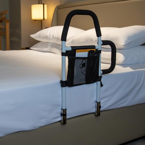 axGear Bed Assist Rail with Double Grab Bars Fall Prevention Guard Storage Pocket