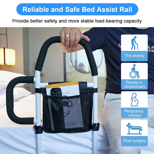 axGear Bed Assist Rail with Double Grab Bars Fall Prevention Guard Storage Pocket