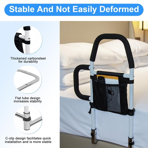axGear Bed Assist Rail with Double Grab Bars Fall Prevention Guard Storage Pocket