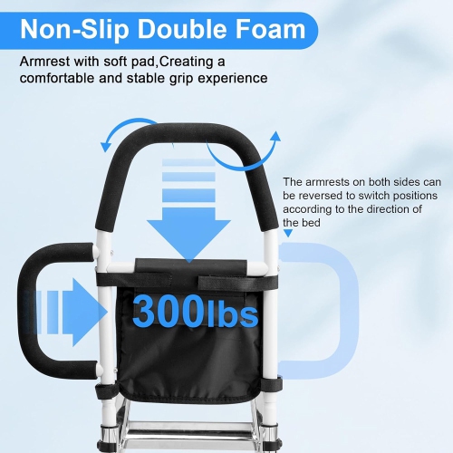 axGear Bed Assist Rail with Double Grab Bars Fall Prevention Guard Storage Pocket