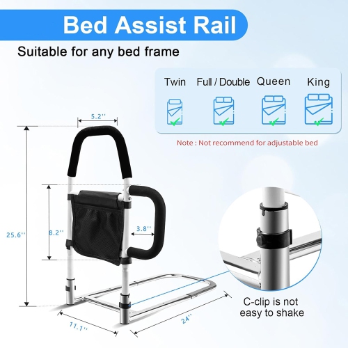 axGear Bed Assist Rail with Double Grab Bars Fall Prevention Guard Storage Pocket