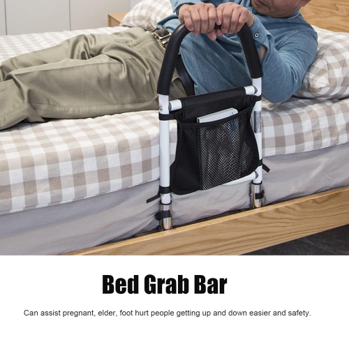 axGear Bed Assist Rail with Double Grab Bars Fall Prevention Guard Storage Pocket