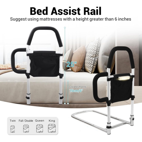 axGear Bed Assist Rail with Double Grab Bars Fall Prevention Guard Storage Pocket
