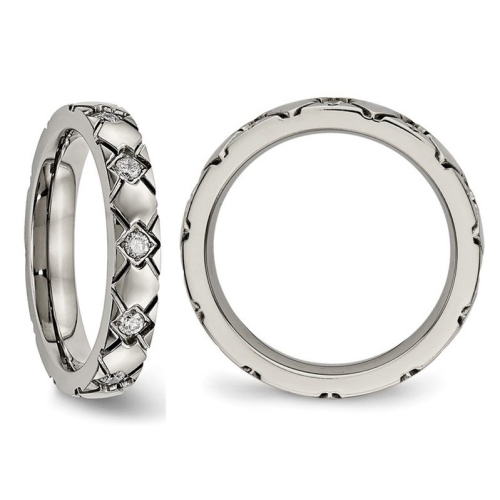 Mens Titanium Grooved Band Ring with Cubic Zirconias (4.00mm)