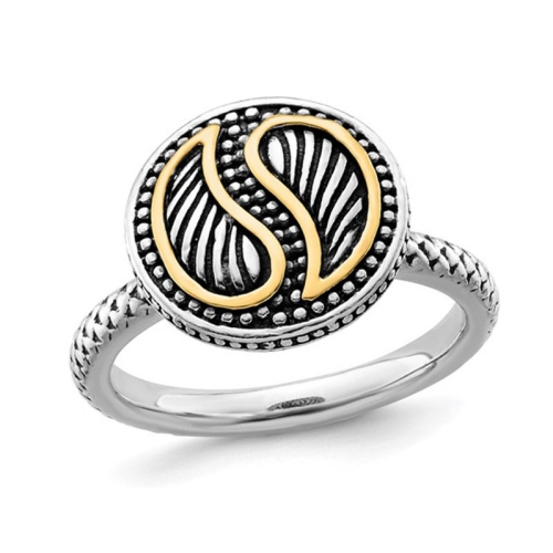 GEM AND HARMONY  Sterling Antiqued Ring With 14K Accent In Silver