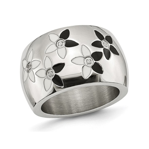 GEM AND HARMONY  Stainless Steel Polished Black And Flower Ring In White