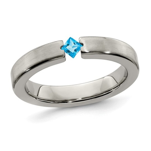 GEM AND HARMONY  4MM Brushed Titanium Wedding Band Ring With Topaz In Blue