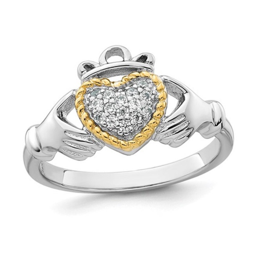 GEM AND HARMONY  Polished Claddagh Heart Ring In Sterling With Cubic Zirconia (Cz)S In Silver