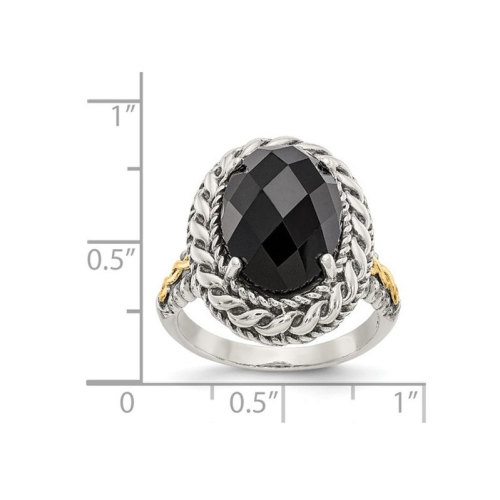 Bague en argent sterling antique avec onyx noir taille damier rehaussé or 14 K.