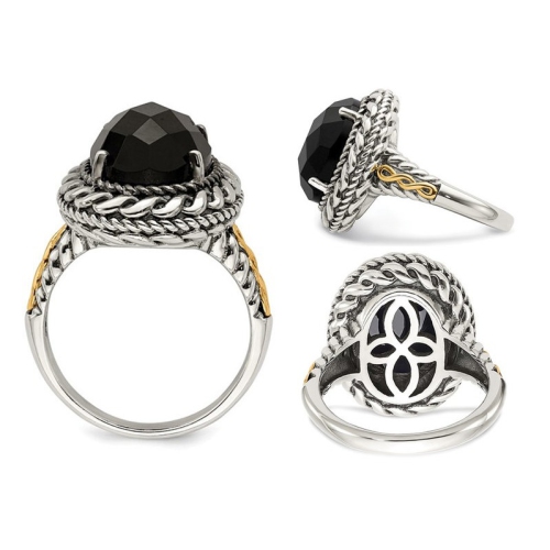 Bague en argent sterling antique avec onyx noir taille damier rehaussé or 14 K.
