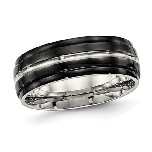 GEM AND HARMONY  Mens Plated Stainless Steel Ridged Wedding Band Ring (8.0Mm) In Black