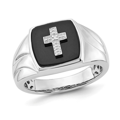 GEM AND HARMONY  Mens Onyx Cross Ring In Sterling Silver With Accent Diamonds In Black