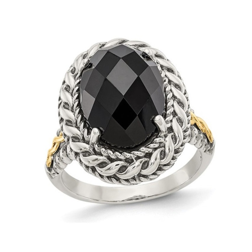 GEM AND HARMONY  Checkerboard Cut Onyx Ring In Antiqued Sterling Silver With 14K Gold Accent In Black