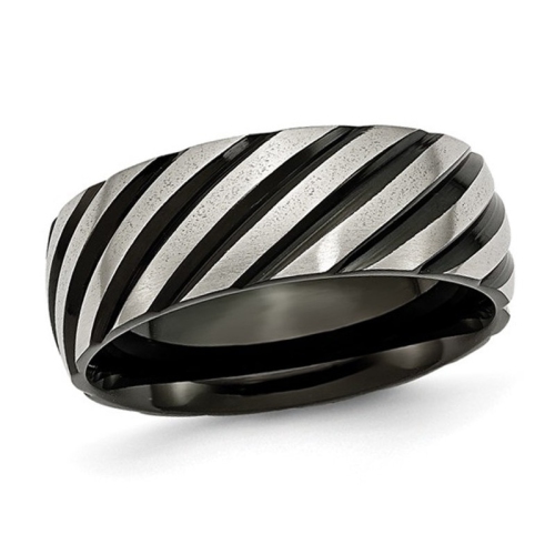 GEM AND HARMONY  Mens Titanium Brushed Grooved Band Ring (8.00Mm) In Black