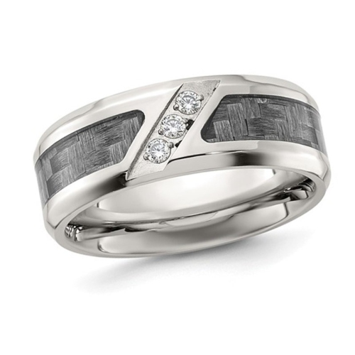 GEM AND HARMONY  Mens Stainless Steel Carbon Fiber Band Ring With Cubic Zirconia (Cz)S In Multicolor
