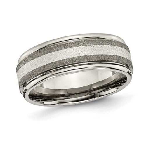 GEM AND HARMONY  Mens Titanium Band Ring With Sterling Inlay And Stone Finish (8.00Mm) In Silver