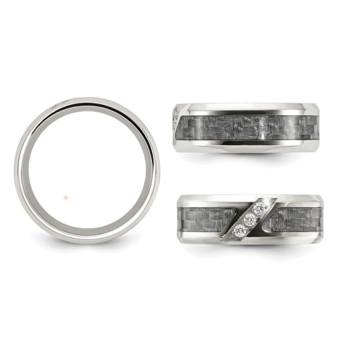 Mens Stainless Steel Carbon Fiber Band Ring with Cubic Zirconias