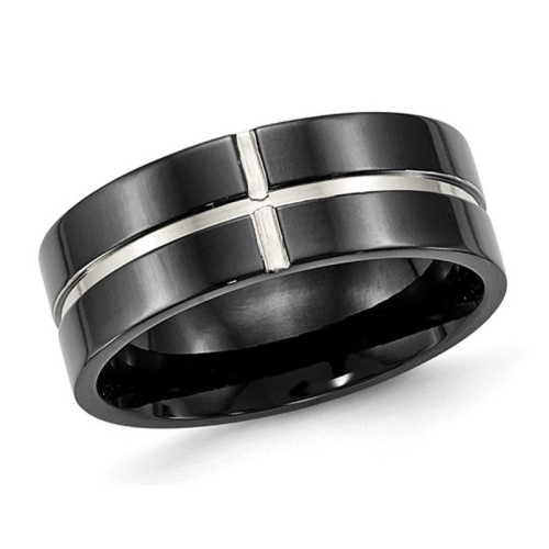 GEM AND HARMONY  Mens Titanium Polished Plated Grooved Band Ring (8Mm) In Black