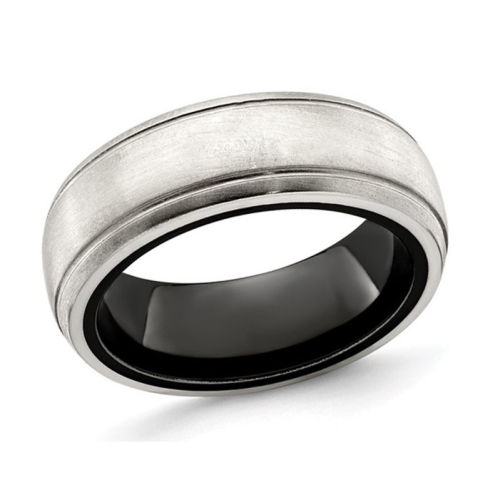 GEM AND HARMONY  Mens Titanium With Silver Dome Groove Band Ring (8Mm) In Black