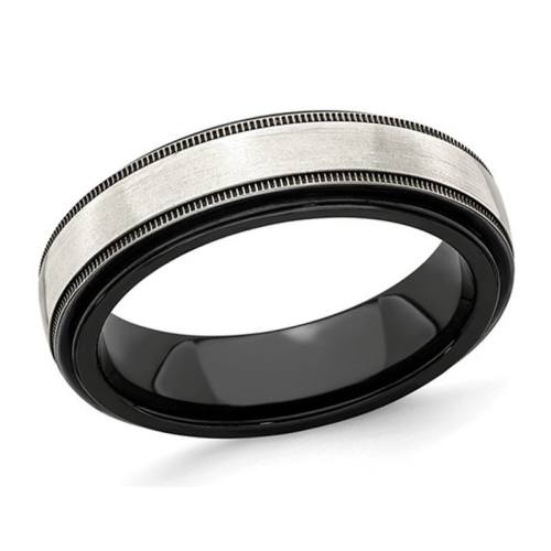 GEM AND HARMONY  Mens Titanium With Silver Milgrain Band Ring (8Mm) In Black