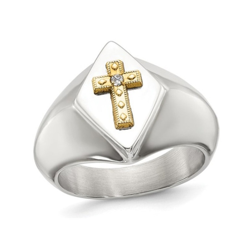 GEM AND HARMONY  Mens Stainless Steel Cross Ring With Diamond Accent In Multicolor