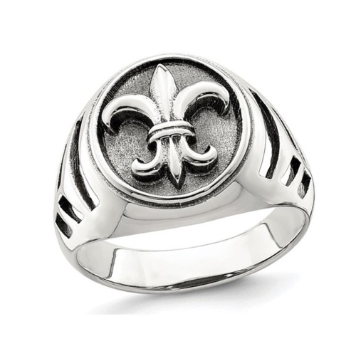 GEM AND HARMONY  Mens Fleur De Lis Ring In Antiqued Sterling In Silver
