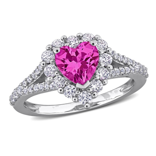 GEM AND HARMONY  2.46 Carat (Ctw) Lab-Created Pink And Sapphire Heart Ring In Sterling Silver In White