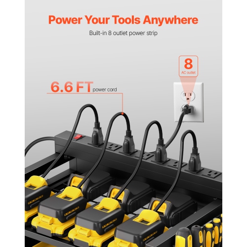 VEVOR 4-tier Tool Organizer Cart with Charging Station, 8 AC Outlet, Floor Stand Rolling Drill Holder and Tool Battery Storage Rack on Wheels, Garage