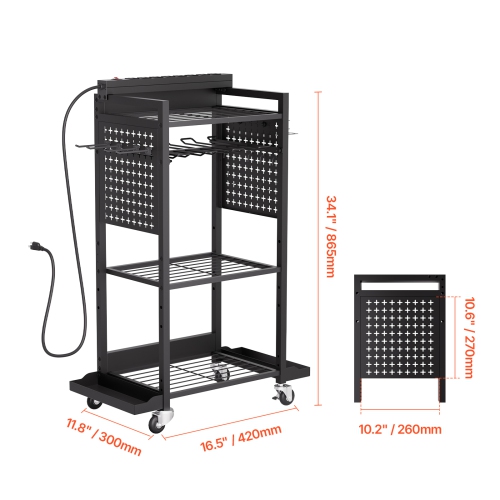 VEVOR 4-tier Tool Organizer Cart with Charging Station, 8 AC Outlet, Floor Stand Rolling Drill Holder and Tool Battery Storage Rack on Wheels, Garage