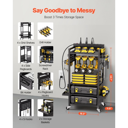 VEVOR 5-tier Tool Organizer Cart with Charging Station, 8 AC Outlet, Floor Stand Rolling Drill Holder and Tool Battery Storage Rack on Wheels, Garage