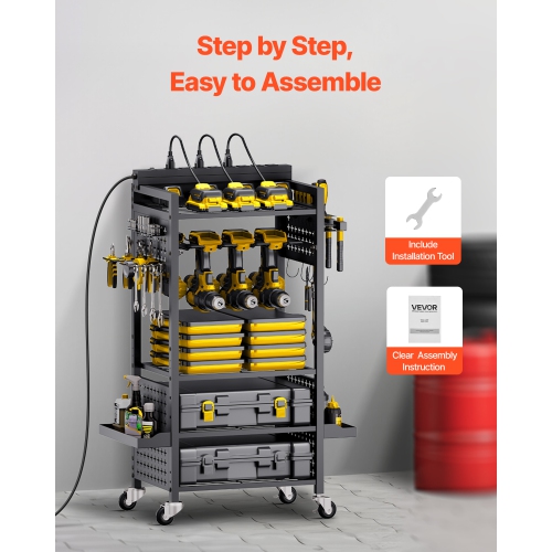 VEVOR 5-tier Tool Organizer Cart with Charging Station, 8 AC Outlet, Floor Stand Rolling Drill Holder and Tool Battery Storage Rack on Wheels, Garage