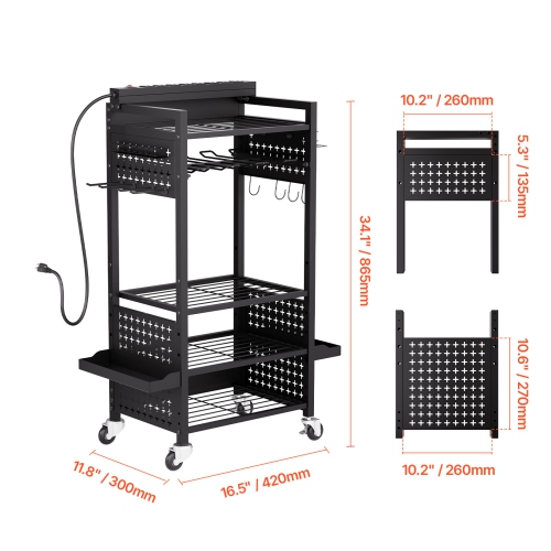 VEVOR 5-tier Tool Organizer Cart with Charging Station, 8 AC Outlet, Floor Stand Rolling Drill Holder and Tool Battery Storage Rack on Wheels, Garage