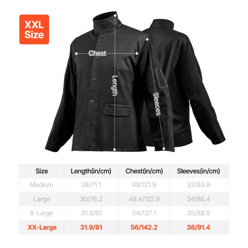 VEVOR 9 oz Flame Resistant Welding Jacket, Heavy Duty Split Cowhide Leather Sleeves. FR Pure Cotton Body, Heat-Resistant Welding Safety Jacket for