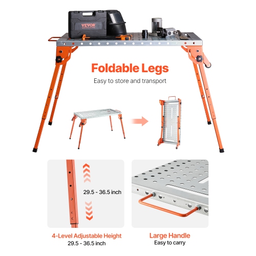 VEVOR 44" x 21" Foldable Welding Table, 500LBS Capacity Welding Workbench with 4-Level Adjustable Height,Carbon Steel Work Bench with 6 Tool Slots &