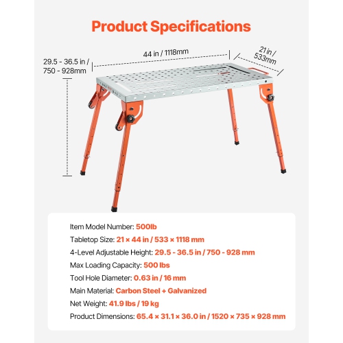 VEVOR 44" x 21" Foldable Welding Table, 500LBS Capacity Welding Workbench with 4-Level Adjustable Height,Carbon Steel Work Bench with 6 Tool Slots &