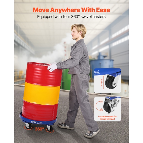 VEVOR 55 Gallon Drum Dolly, 2000 lbs Capacity, Barrel Dolly with Cross Braces and 4 Swivel Caster Wheels, Non Tipping Hand Truck Capacity Dollies for
