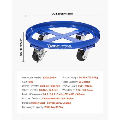 VEVOR 55 Gallon Drum Dolly, 2000 lbs Capacity, Barrel Dolly with Cross Braces and 4 Swivel Caster Wheels, Non Tipping Hand Truck Capacity Dollies for