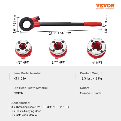 VEVOR 1/2" NPT Ratchet Pipe Threader Kit, 3/4" NPT, 1" NPT Manual Ratcheting Pipe Threader, Portable Pipe Threading Tool Set with 3PCS NPT