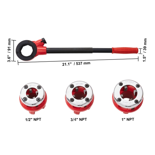 VEVOR 1/2" NPT Ratchet Pipe Threader Kit, 3/4" NPT, 1" NPT Manual Ratcheting Pipe Threader, Portable Pipe Threading Tool Set with 3PCS NPT