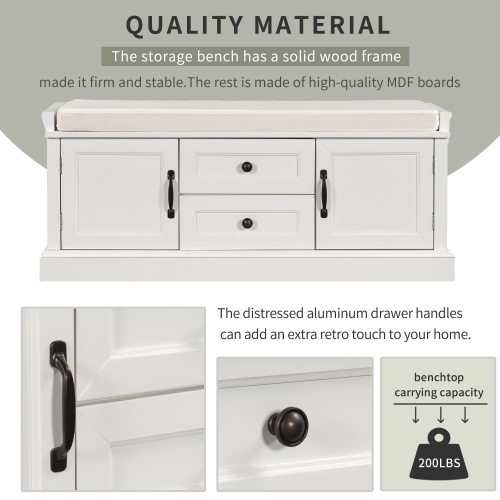 Kepooman Storage Bench with 2 Doors and 2 Drawers Shelves, Shoe Bench with Removable Cushion for Living Room, Entryway - White