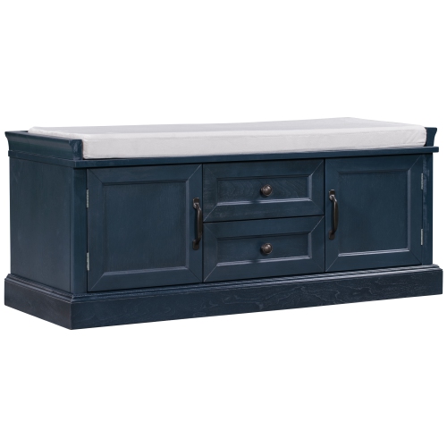 Banc de rangement Kepooman avec 2 portes et 2 tiroirs, banc à chaussures avec coussin amovible pour le salon, entrée - Bleu marine