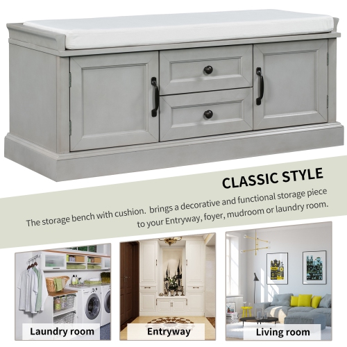 Banc de rangement Kepooman avec 2 portes et 2 tiroirs, banc à chaussures avec coussin amovible pour le salon, entrée - Gris