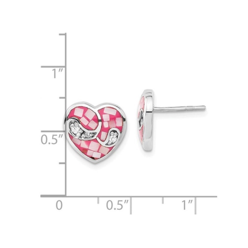 Pink Mother of Pearl and Cubic Zirconias Heart Earrings in Sterling Silver