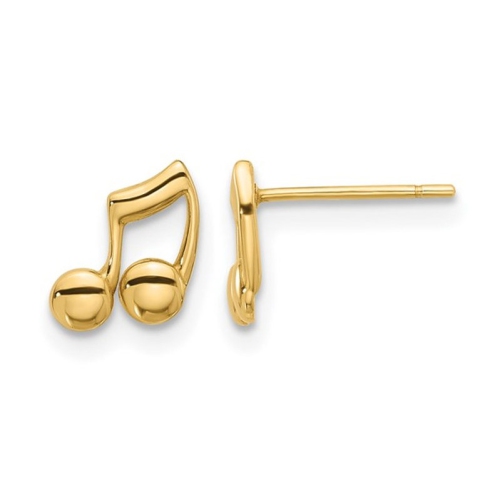 GEM AND HARMONY  Small 14K Gold Music Notes Charm Post Earrings In Yellow
